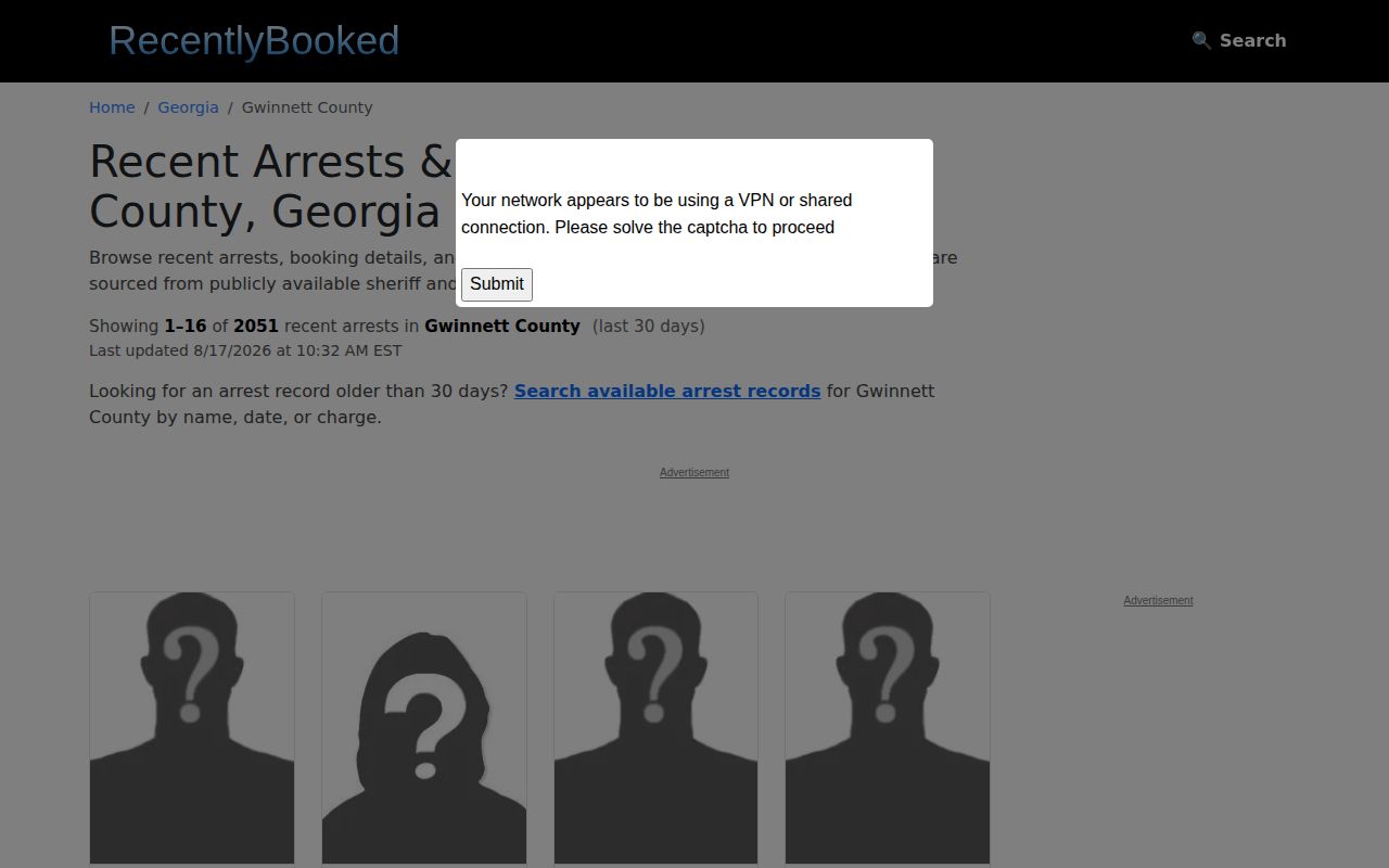 Unofficial Gwinnett County arrests index used as a secondary source