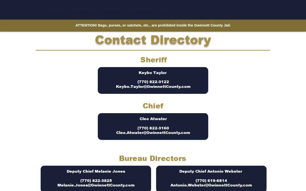 Gwinnett County Sheriff's Office contact directory for warrants support