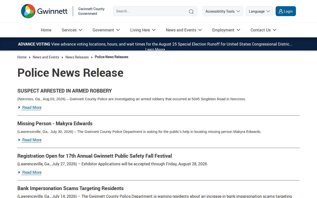 Peachtree Corners GCPD police news-release page for arrest records